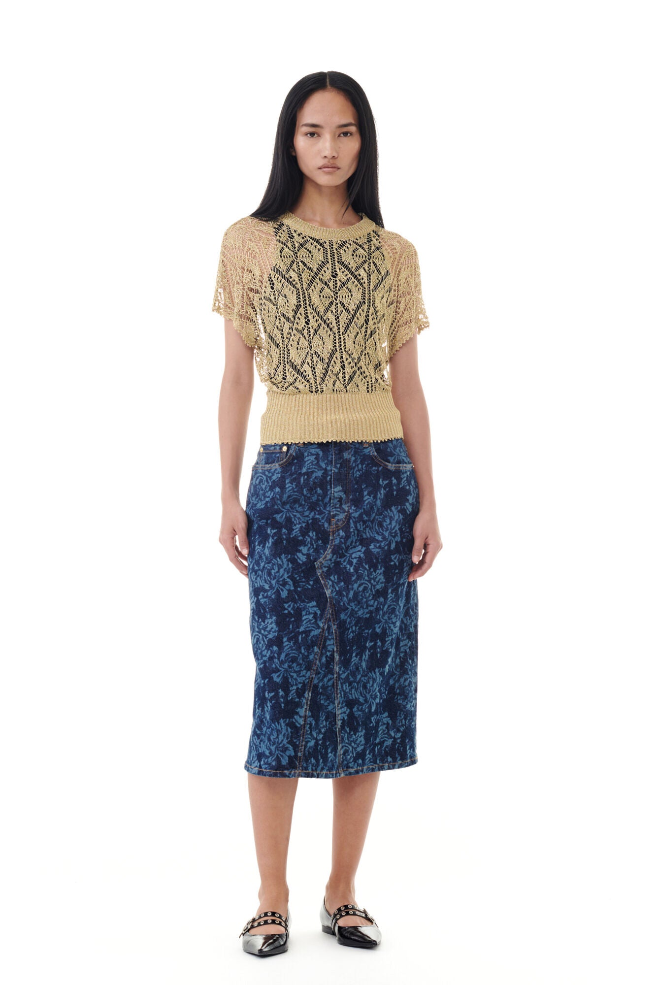 Ganni Lazer Denim Midi Skirt Mid Blue Stone - hvittrad.no
