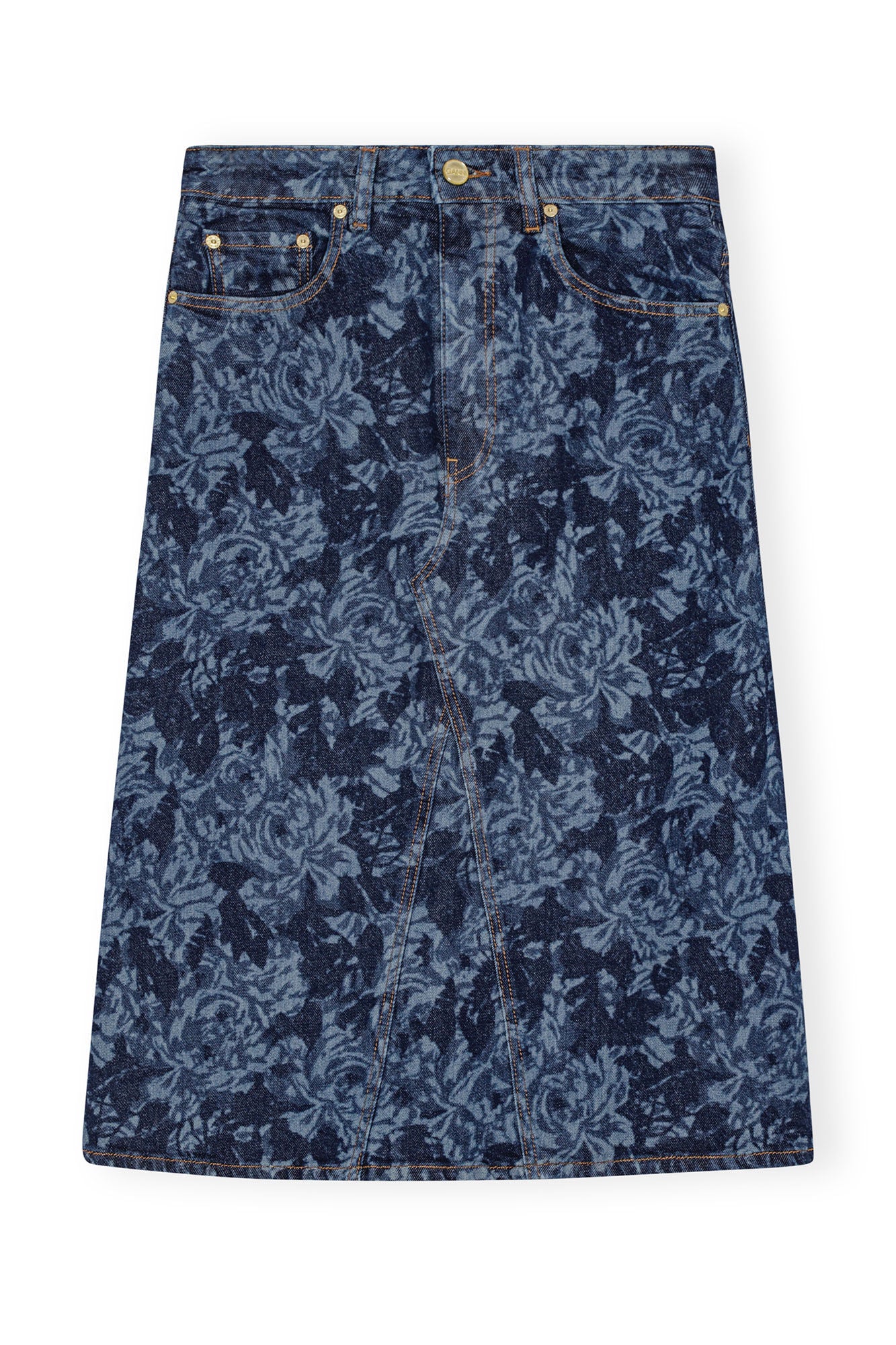 Ganni Lazer Denim Midi Skirt Mid Blue Stone - hvittrad.no