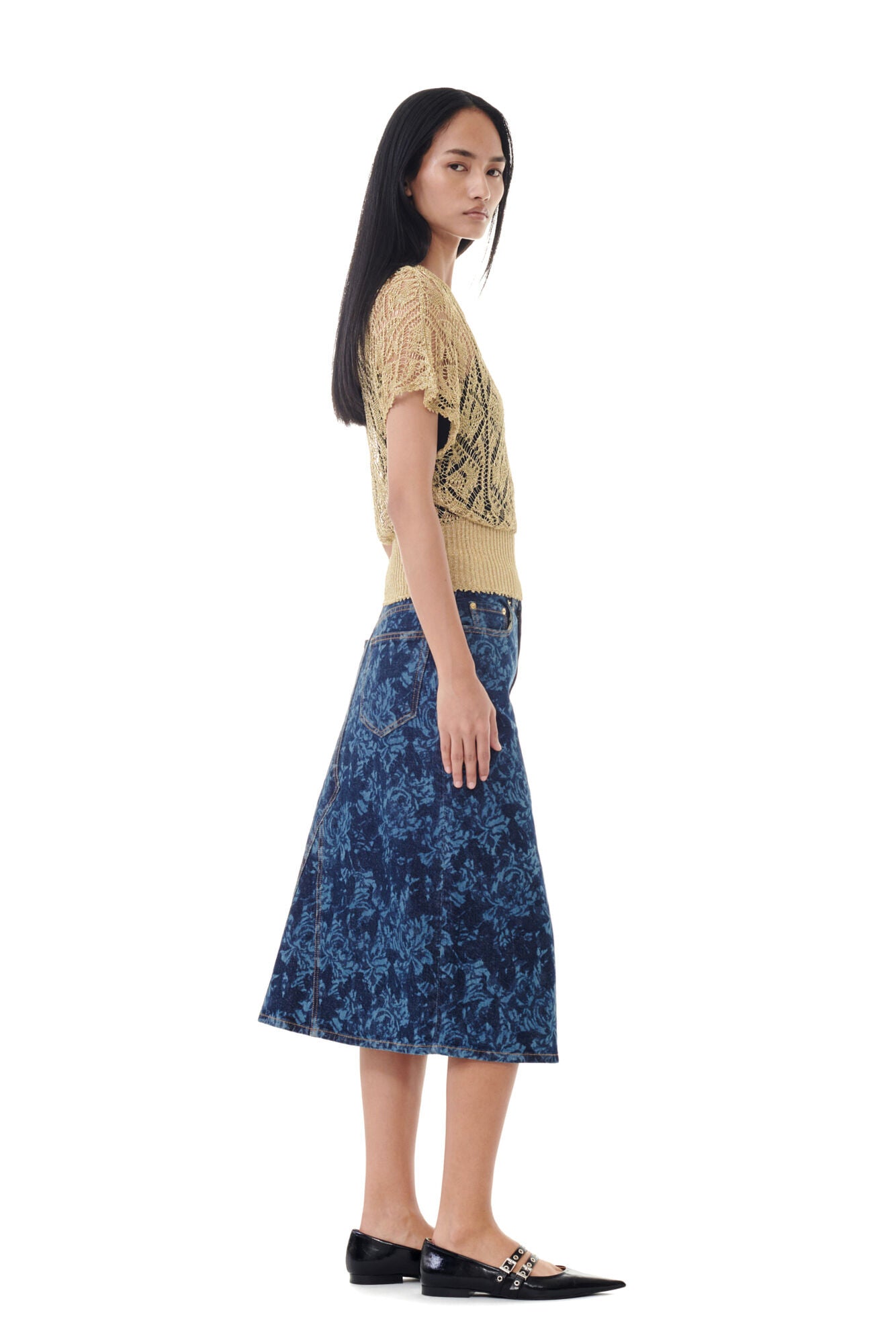 Ganni Lazer Denim Midi Skirt Mid Blue Stone - hvittrad.no