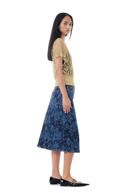 Ganni Lazer Denim Midi Skirt Mid Blue Stone - hvittrad.no