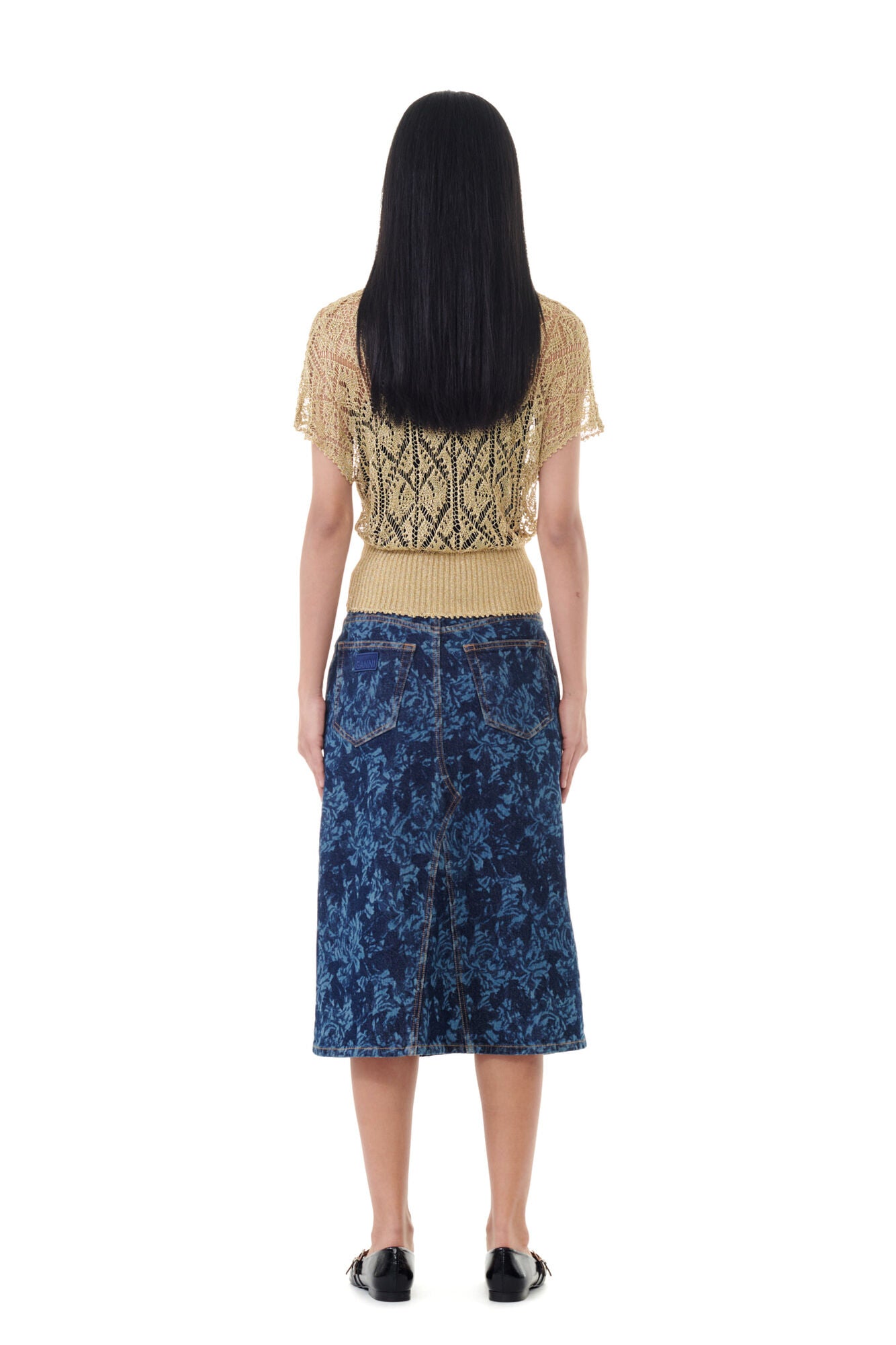 Ganni Lazer Denim Midi Skirt Mid Blue Stone - hvittrad.no
