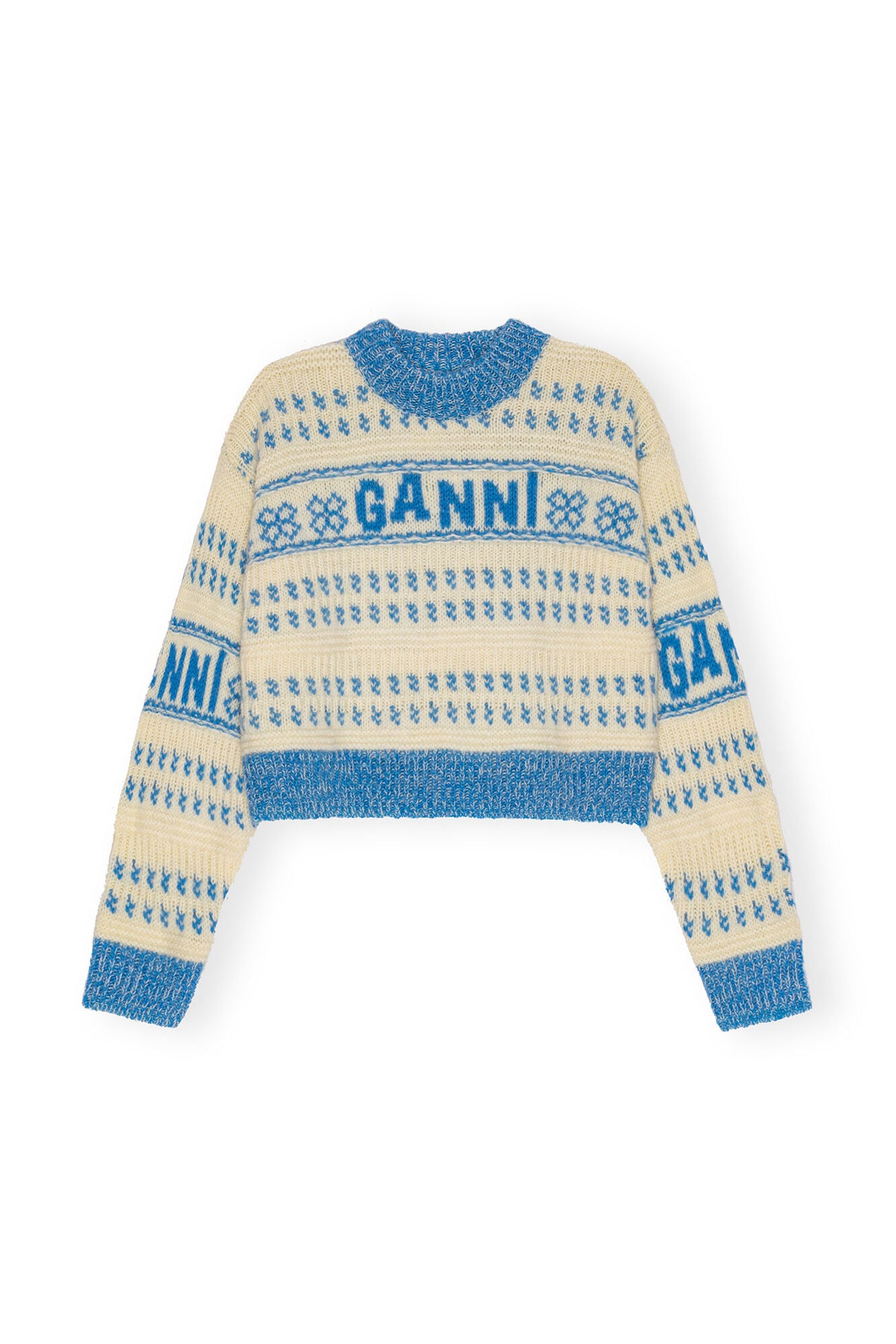 Ganni Graphic Lambswool Cropped O-Neck Strong Blue - hvittrad.no