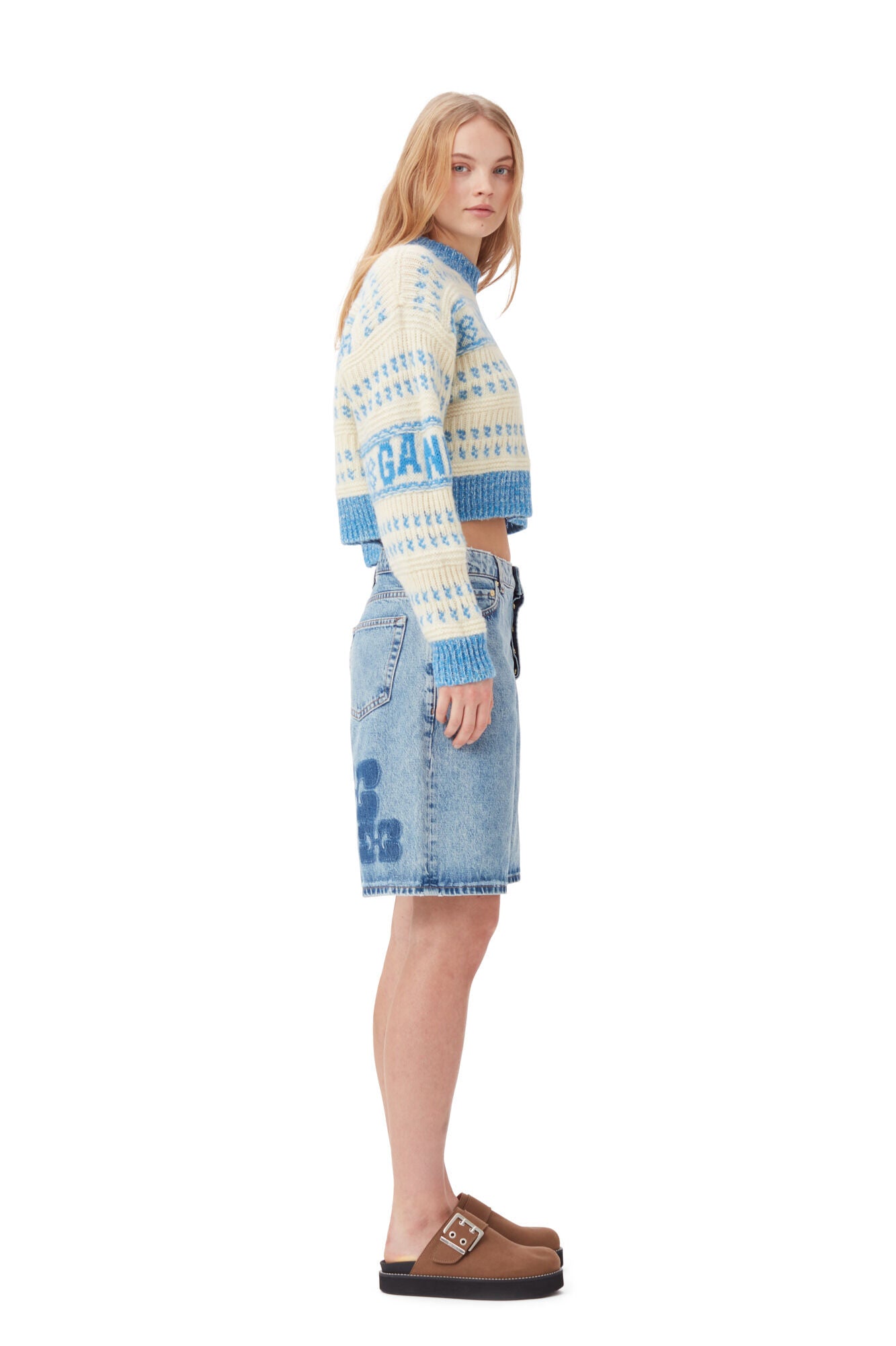 Ganni Graphic Lambswool Cropped O-Neck Strong Blue - hvittrad.no