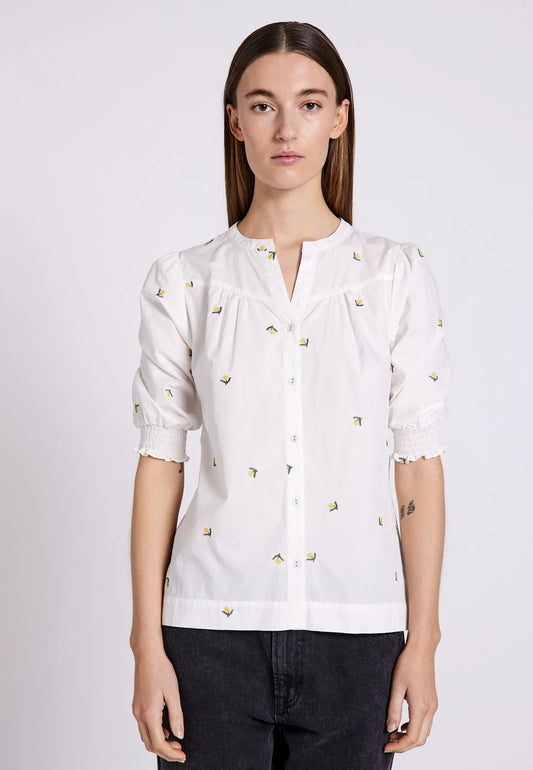 NORR Miluna 2/4 Shirt White W. Embroidery - hvittrad.no