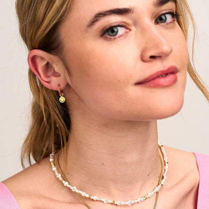 Smiley Face Charm Pink Pavé Huggie Hoop Earrings
