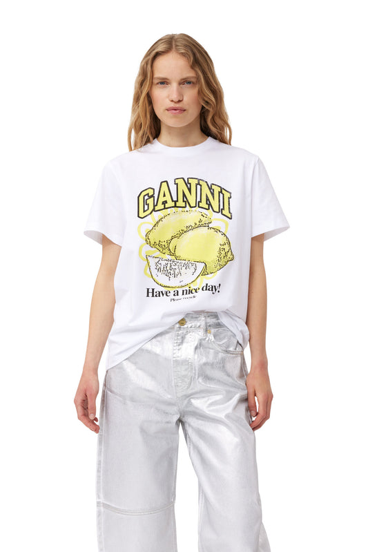 Ganni Basic Jersey Lemon Relaxed T-Shirt Bright White - hvittrad.no