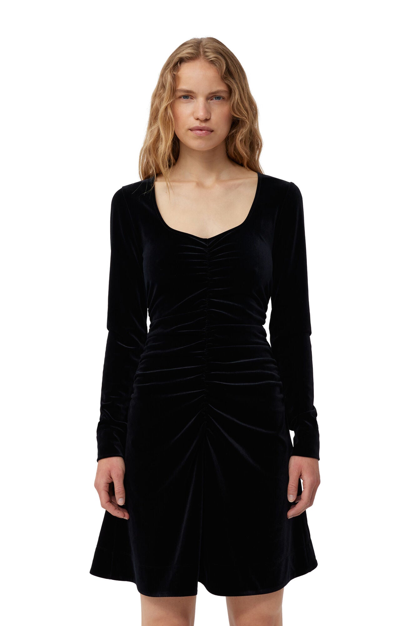 【GANNI】VELVET JERSEY MINI DRESS Black Black Velvet Jersey Gathered Mini Dress | GANNI US
