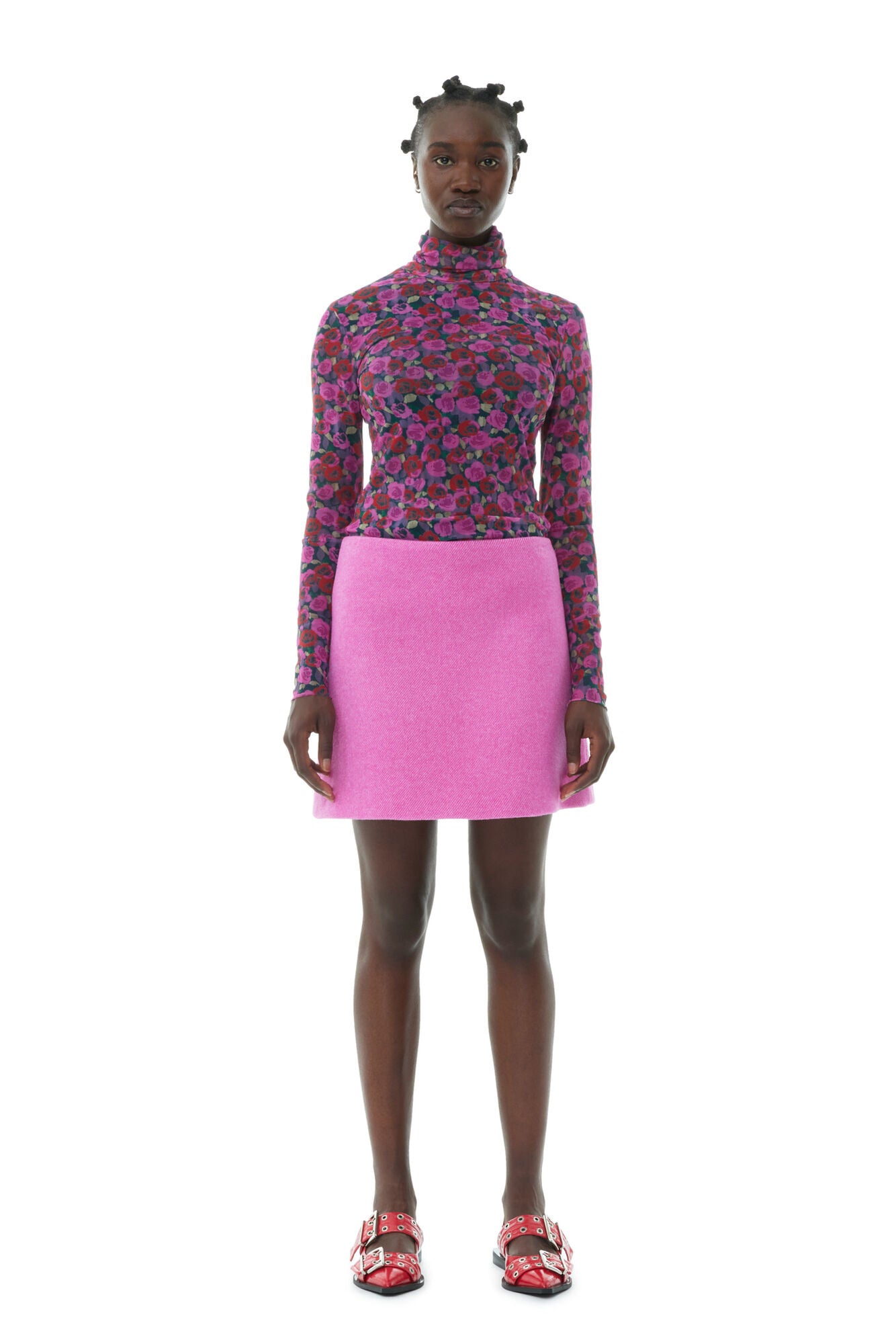Ganni Printed Mesh Long Sleeve Rollneck Fiji Flower - hvittrad.no