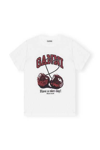 Ganni Basic Jersey Cherry Relaxed T-Shirt Bright White - hvittrad.no