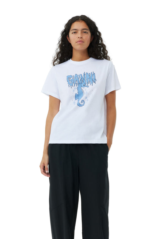 Ganni Basic Jersey Seahorse Relaxed T-shirt Bright White - hvittrad.no