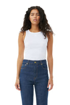 Ganni Soft Cotton Rib Tank Top Bright White - hvittrad.no
