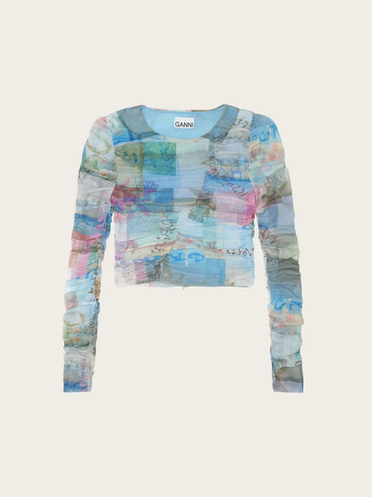 Printed Mesh Ruched Blouse Wild Orchid