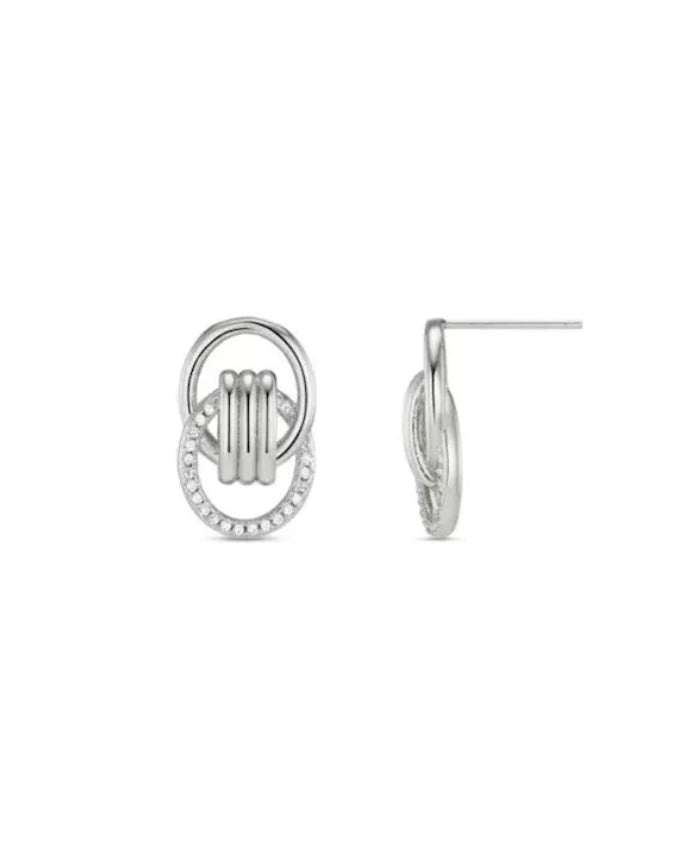 Fine Interlocking Pave Stud Earrings Silver