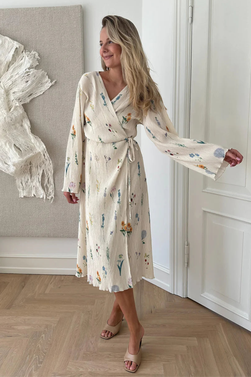 Ofeliaic Long Wrap Dress Off White Flower Print