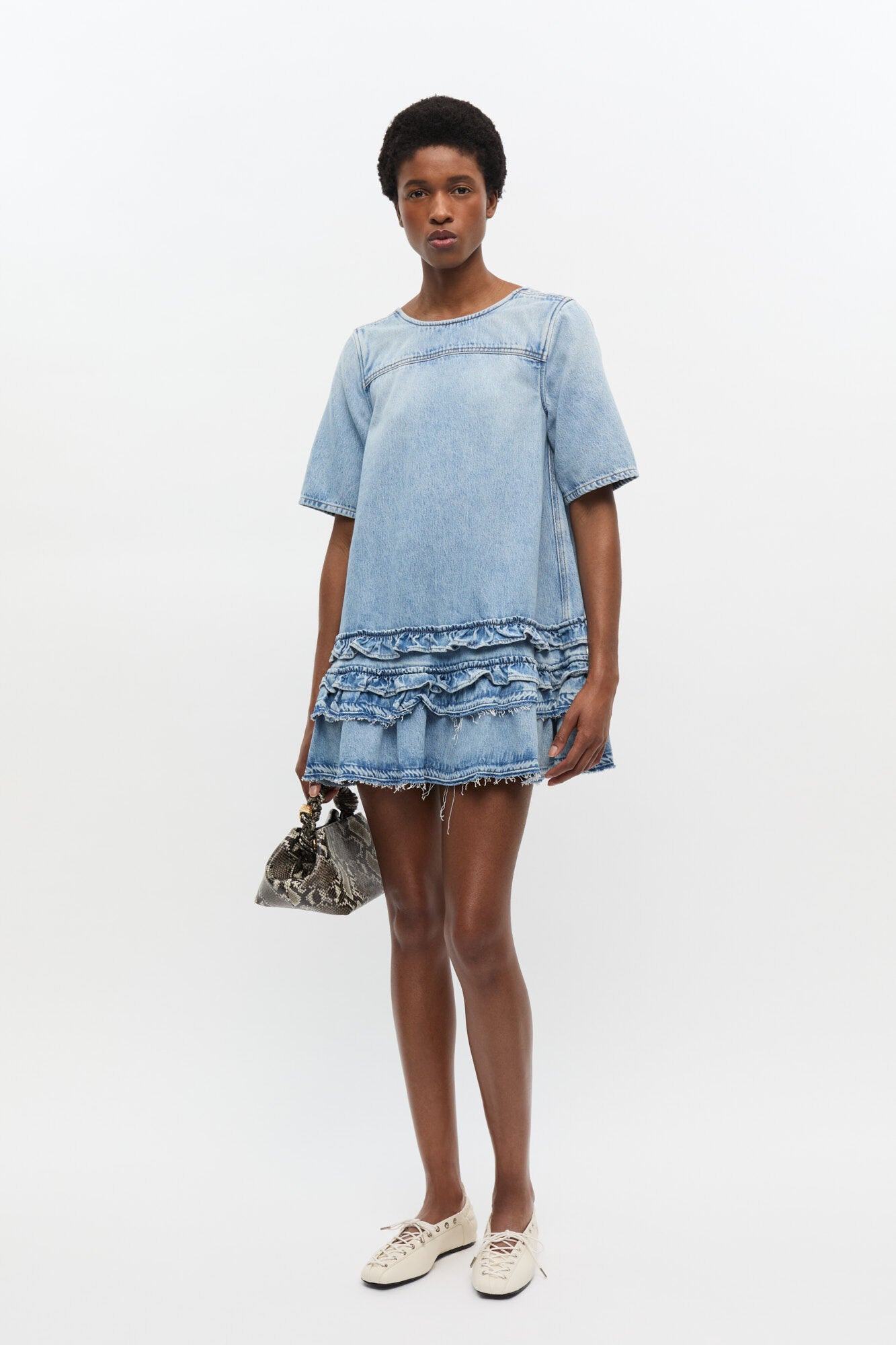Ganni ■Soft Rigid Denim Open Back Frill Mini Dr - Sky Blue Soft Rigid Denim Open Back Frill Mini Dress Light Blue Stone