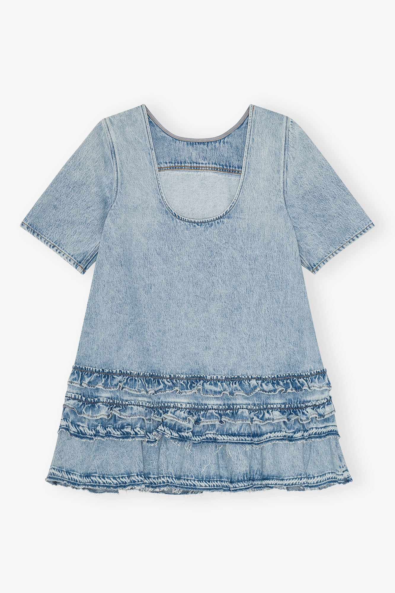 Ganni ■Soft Rigid Denim Open Back Frill Mini Dr - Sky Blue Soft Rigid Denim Open Back Frill Mini Dress Light Blue Stone