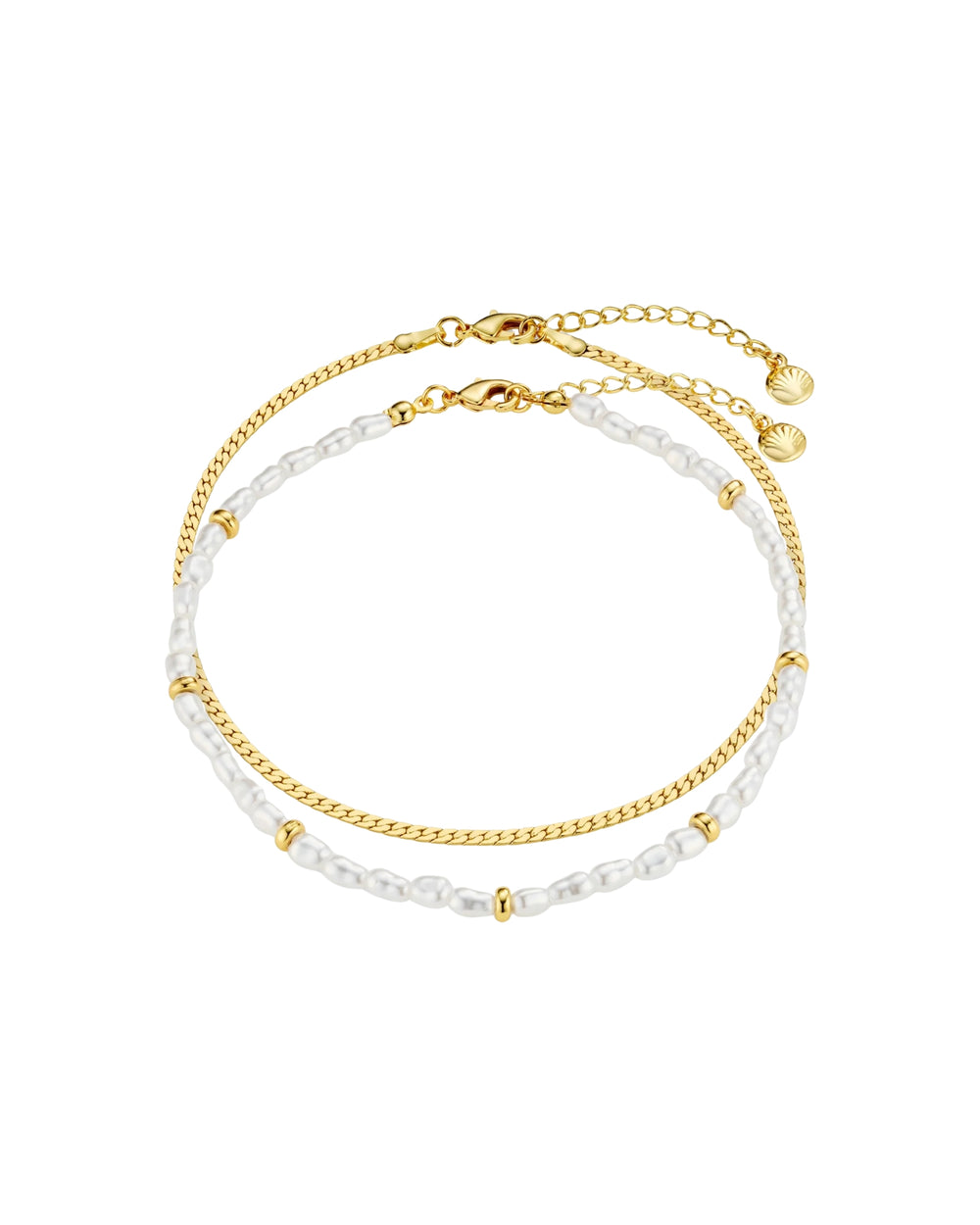 Snake Chain & Pearl Anklet 2 Pack Gold