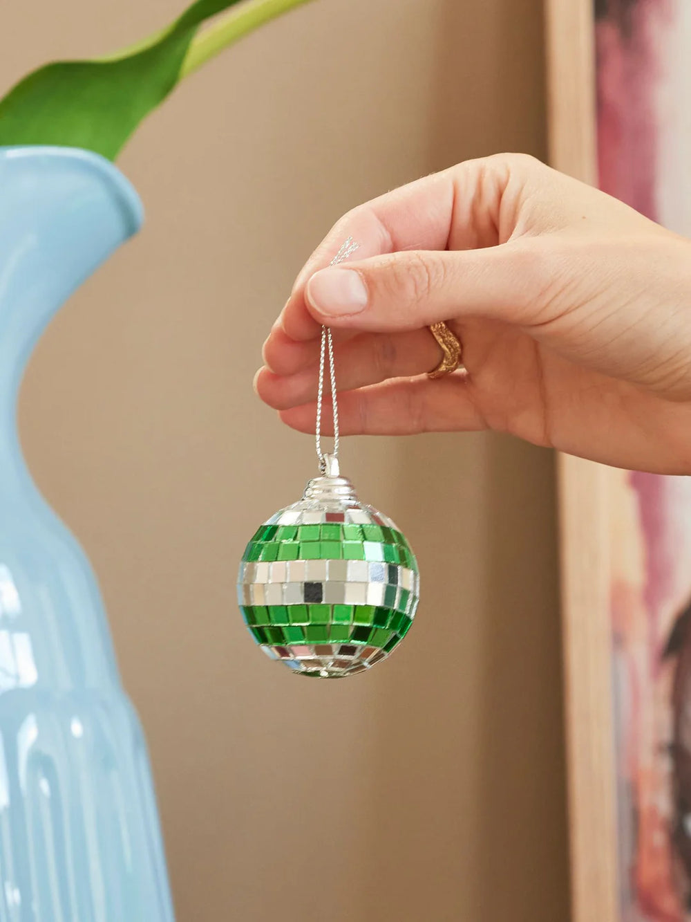 Disco Ball in Dark Green and Silver Stripes Small