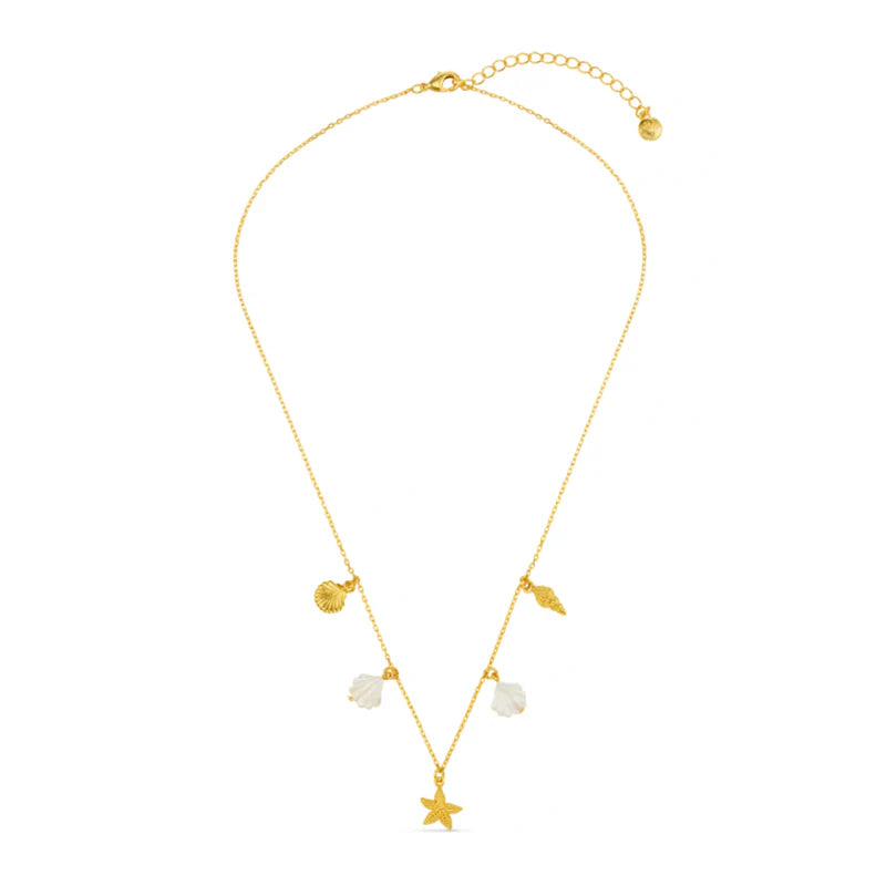 Mixed Shell & Starfish Charm Drop Necklace Pale Gold