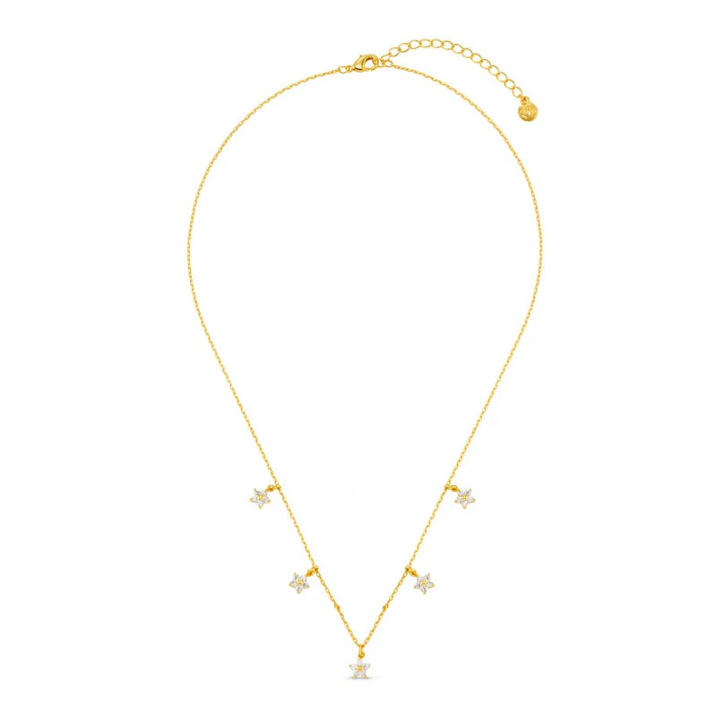 Crystal Flower Multi Drop Necklce Pale Gold