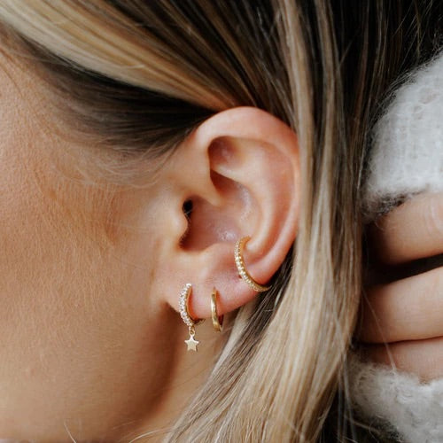 Pave Huggie Hoop Earrings With Star Drop Gold