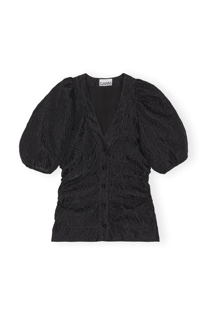 Jacquard Organza Gathered V-neck Blouse Black