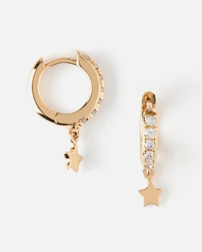 Pave Huggie Hoop Earrings With Star Drop Gold