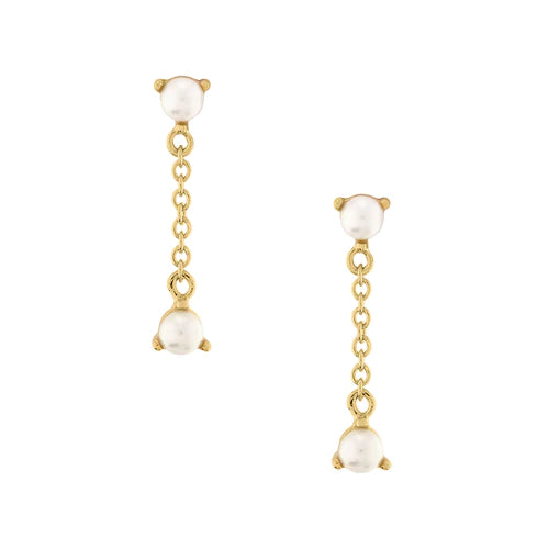 Double Pearl Chain Drop Stud Earrings Gold